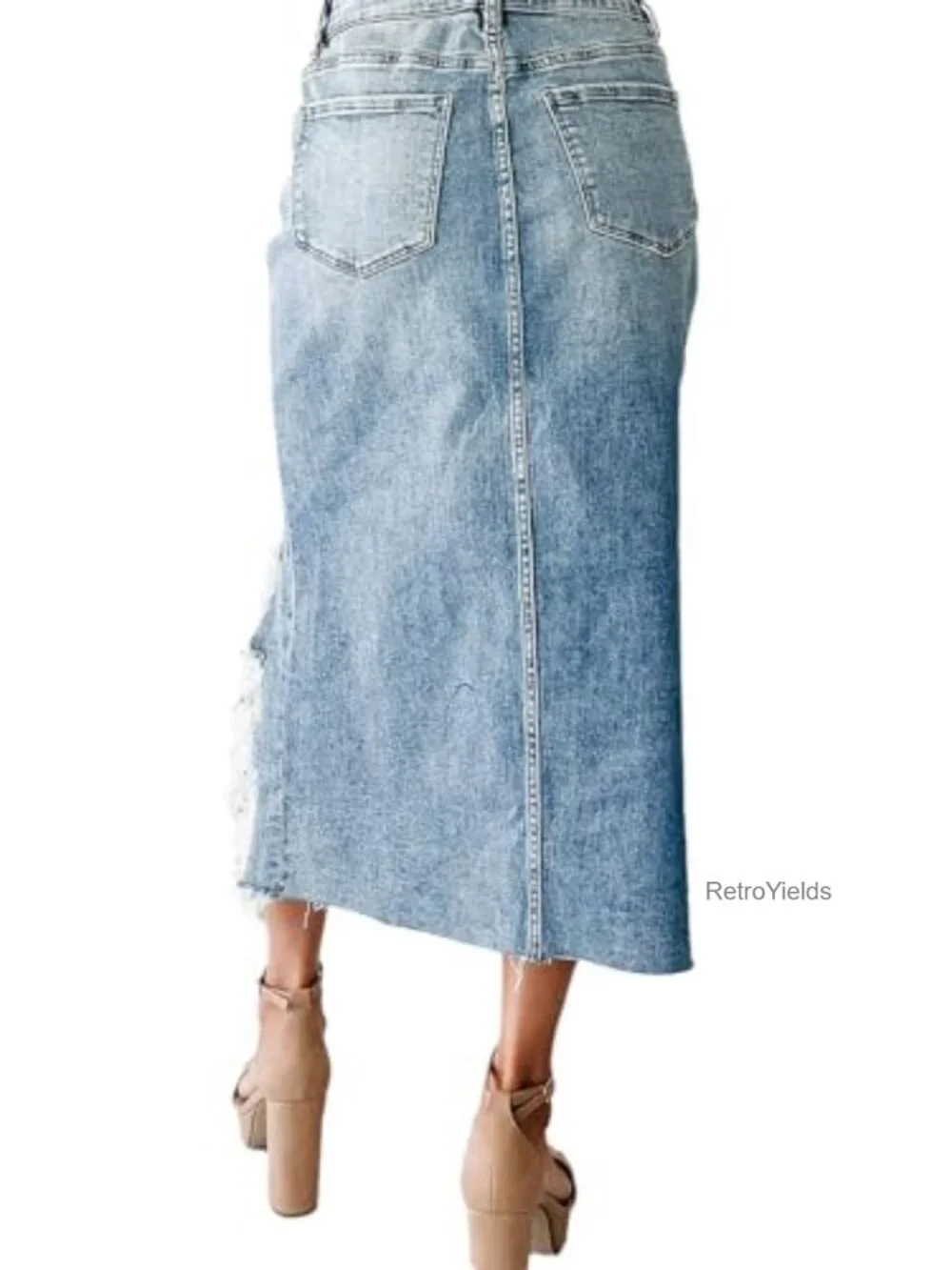 High Waist Distressed Denim Midi Skirt with Frayed Hem, Slit, Asymmetrical - Picture 3 of 4